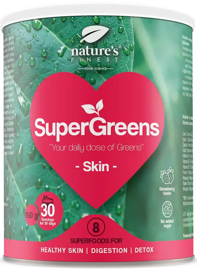 Nature&#39;s Finest supermaisto mišinys odai „SuperGreens SKIN“, ekologiškas 150 g.